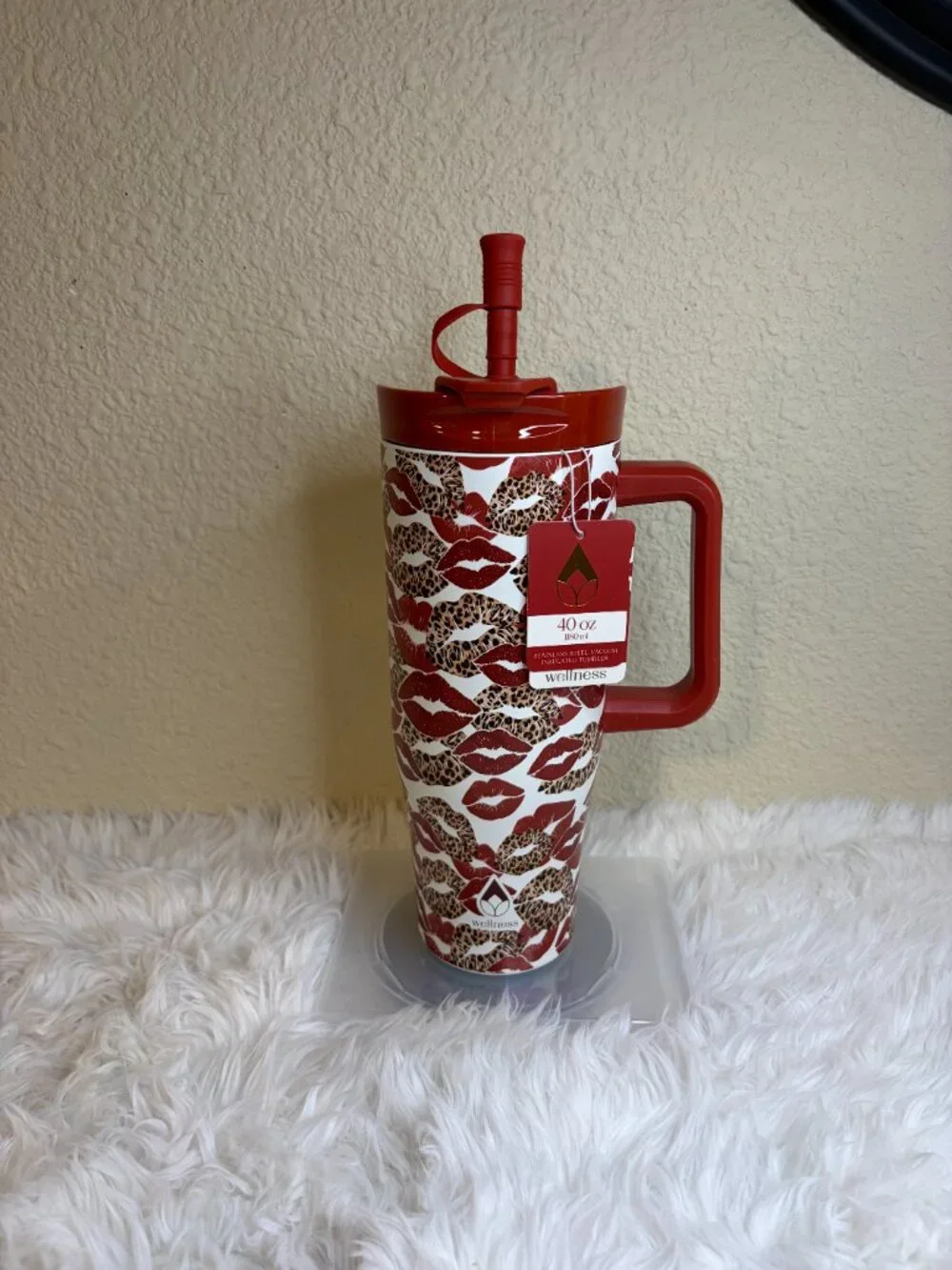 Wellness 40 Oz Leopard Lips Tumbler Red Glitter Straw Handle NWT